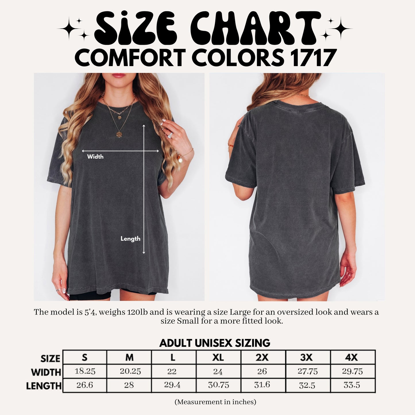 Size chart for Comfort Colors 1717 t-shirt with a model wearing the shirt.
