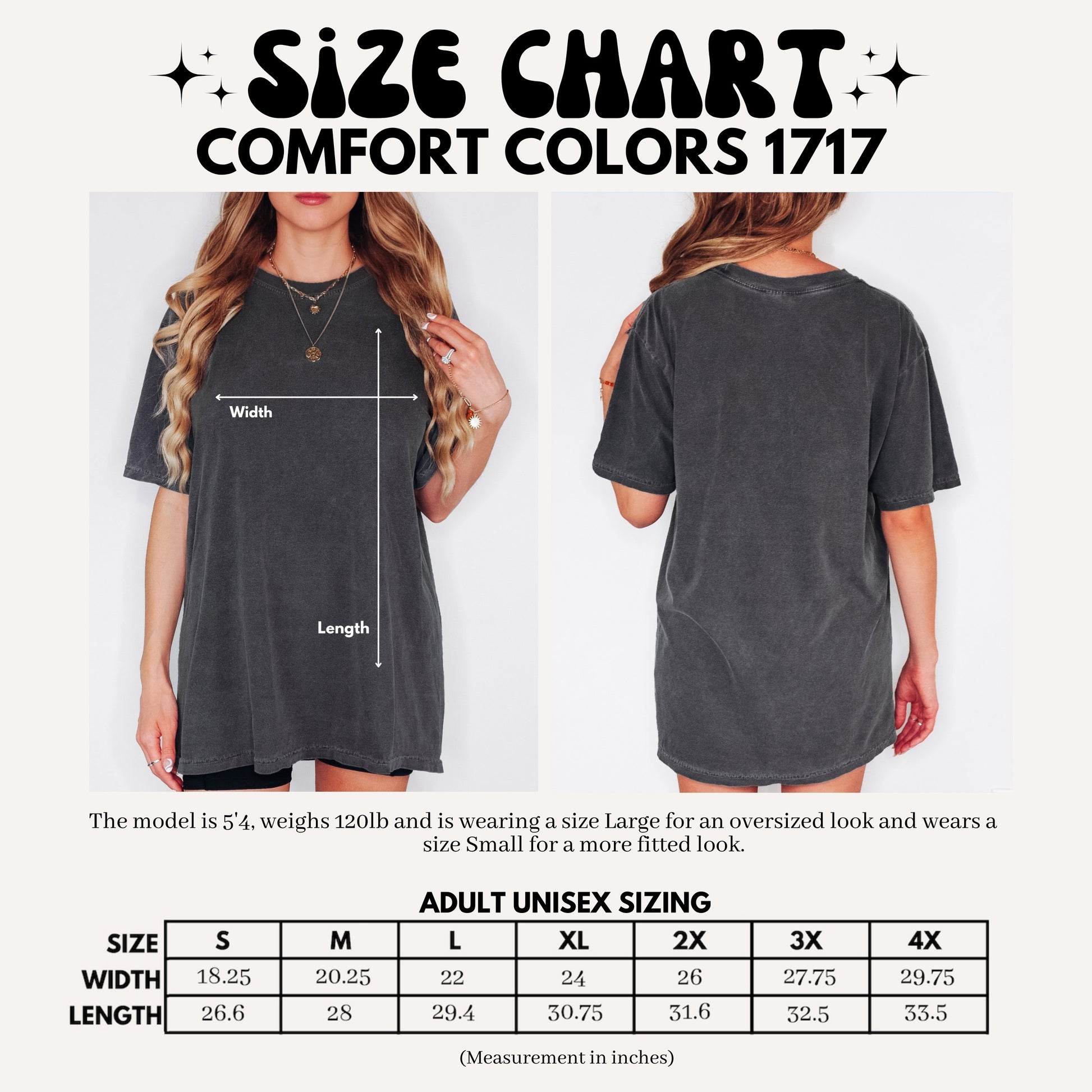 Size chart for Comfort Colors 1717 t-shirt with a model wearing the shirt.