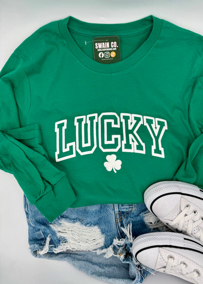 LUCKY Puff Print Long Sleeve T-Shirt | Trendy St. Patrick’s Day Shirt | Minimal Shamrock Vibes | Unisex Lucky Tee