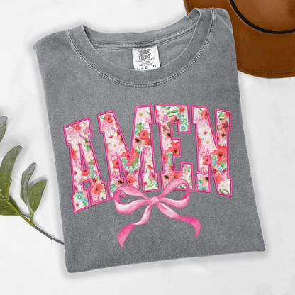 Floral Amen Bow Comfort ColorsT-Shirt | Christian Graphic Tee | Faith Based Shirt | Floral Bow Shirt | Women’s Graphic Tee