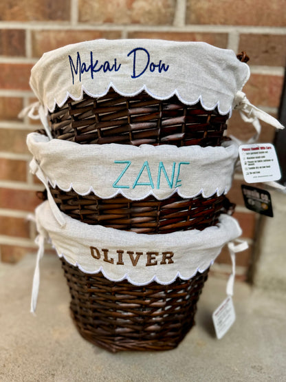 Personalized Easter Basket with Embroidered Scalloped Liner | Wicker Easter Basket | Custom Name Easter Bucket | Keepsake Easter Decor | Kids Easter Gift