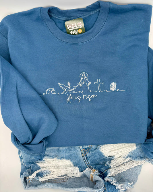 He Is Risen Embroidered Sweatshirt | Christian Easter Crewneck | Faith Based Sweatshirt | Minimalist Line Art Embroidery | Religious Gift | Pick Color