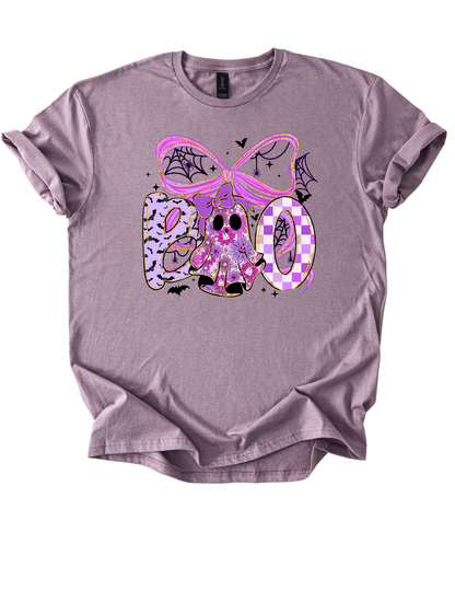 Preppy Halloween Boo Bow T-Shirt | Neon Purple and Black Ghost Shirt | Coquette Bow Halloween Tee | Spooky Cute Fall Outfit | Preppy Halloween Shirt