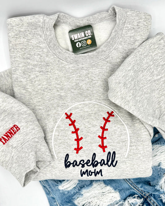 Baseball Mom Embroidered Crewneck Sweatshirt | Custom Sleeve Name Sweatshirt | Baseball Mama Pullover | Sports Mom Game Day Sweatshirt