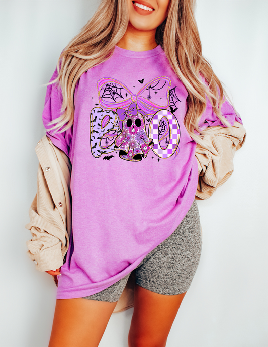 Preppy Halloween Boo Bow T-Shirt | Neon Purple and Black Ghost Shirt | Coquette Bow Halloween Tee | Spooky Cute Fall Outfit | Preppy Halloween Shirt