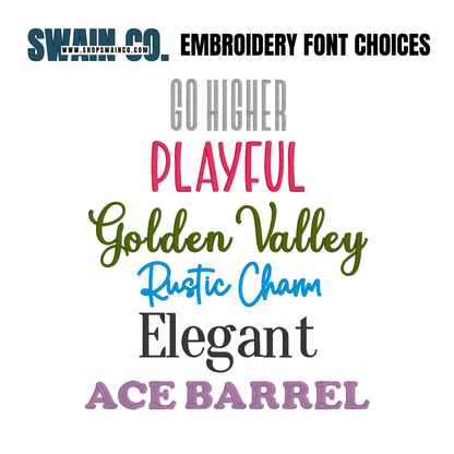 Collection of embroidery fonts displayed with their names on a white background.