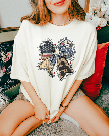 Patriotic Bow Featuring American Flag and Soldier Graphic T-Shirt