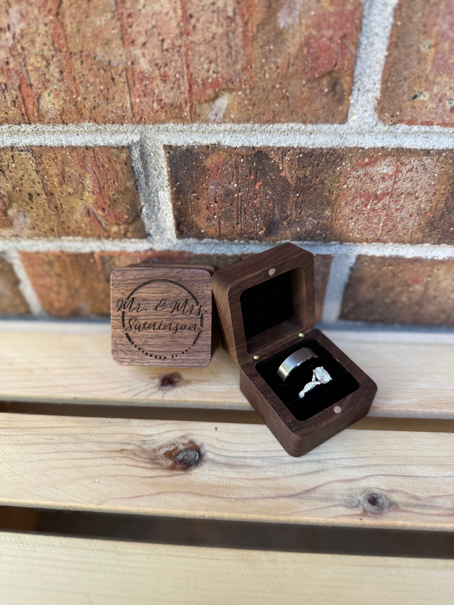 Personalized Wooden Two-Ring Box – Laser Engraved | Custom Ring Holder for Wedding, Engagement, Everyday Keepsake