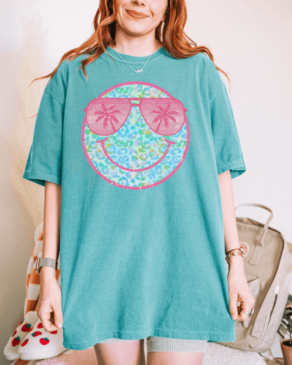 Sunglasses Summer Cheetah Smile Cartoon Face T-Shirt