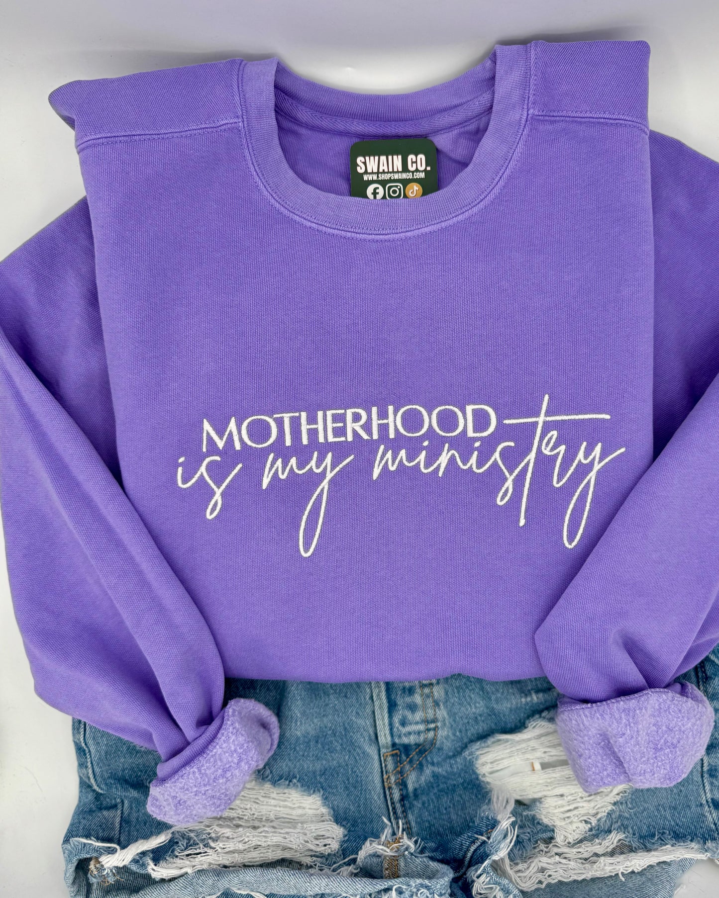 Motherhood Is My Ministry Embroidered Sweatshirt | Christian Mom Crewneck | Comfort Colors Pullover | Faith Based Mama Gift | Religious Mother’s Day Shirt