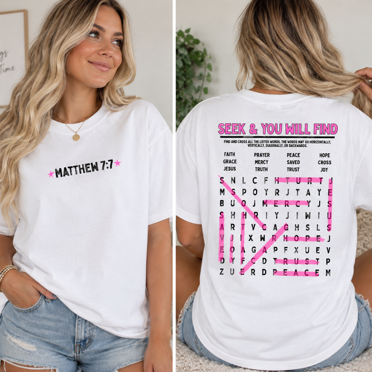 Seek & You Will Find Christian Graphic Tee | Matthew 7:7 Faith T-Shirt | Bible Word Search Shirt | Front & Back Design