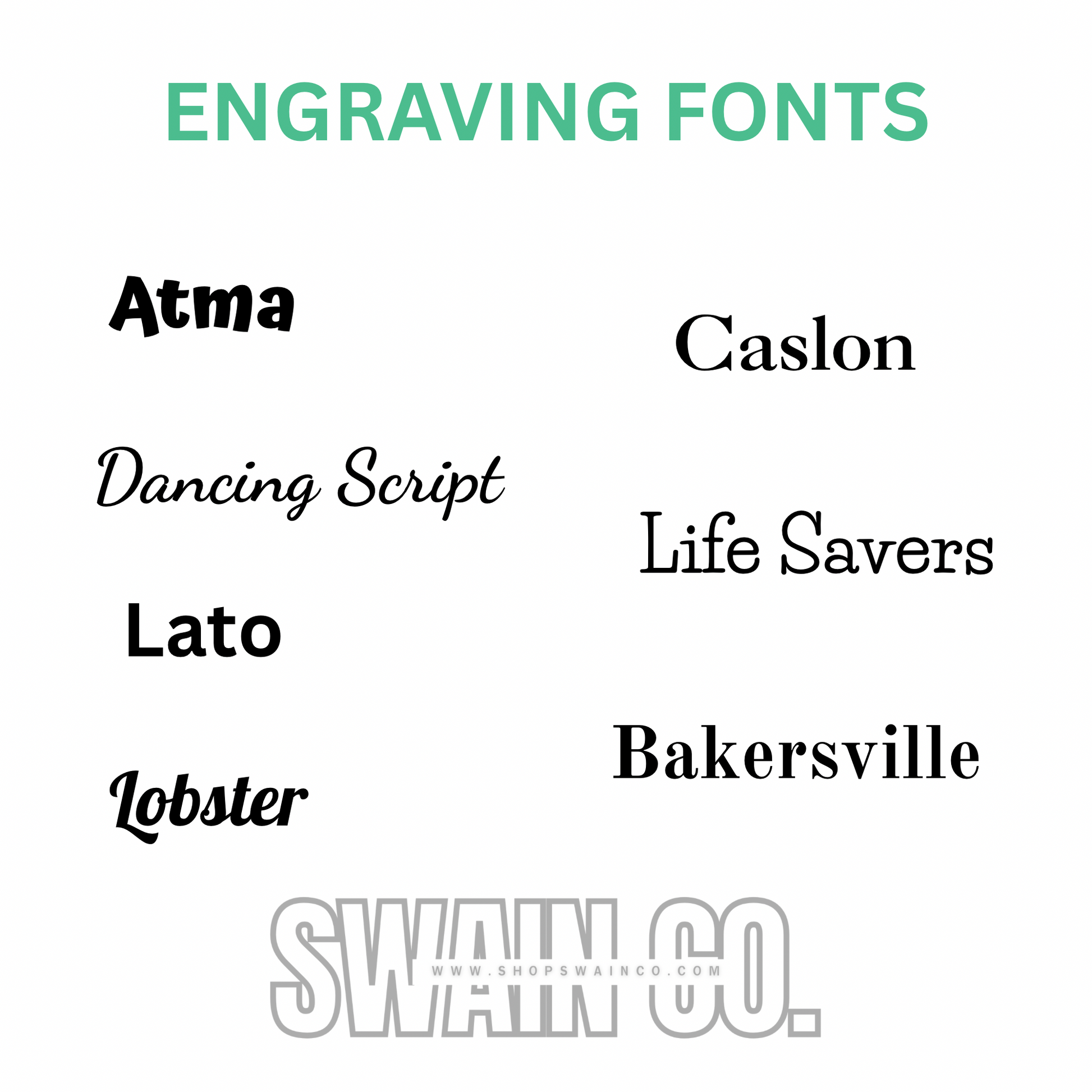 List of engraving fonts on a white background with 'Swain Co.' branding.