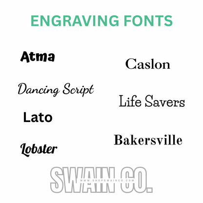 List of engraving fonts on a white background with 'Swain Co.' branding.