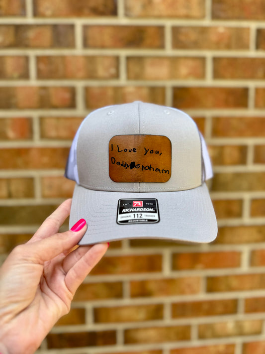 Personalized Child Handwriting Leather Patch Hat – Richardson 112 Trucker Hat – Custom Father’s Day Gift for Dad