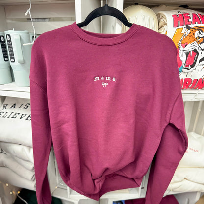 Mama Embroidered Crewneck Sweatshirt • Maroon Mom Sweater • Minimalist Mom Crewneck with Bow • Cozy Mom Gift • Mama Aesthetic Sweatshirt
