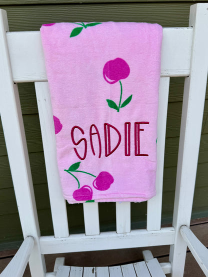 Personalized Cherry Beach Towel – Embroidered Name Towel