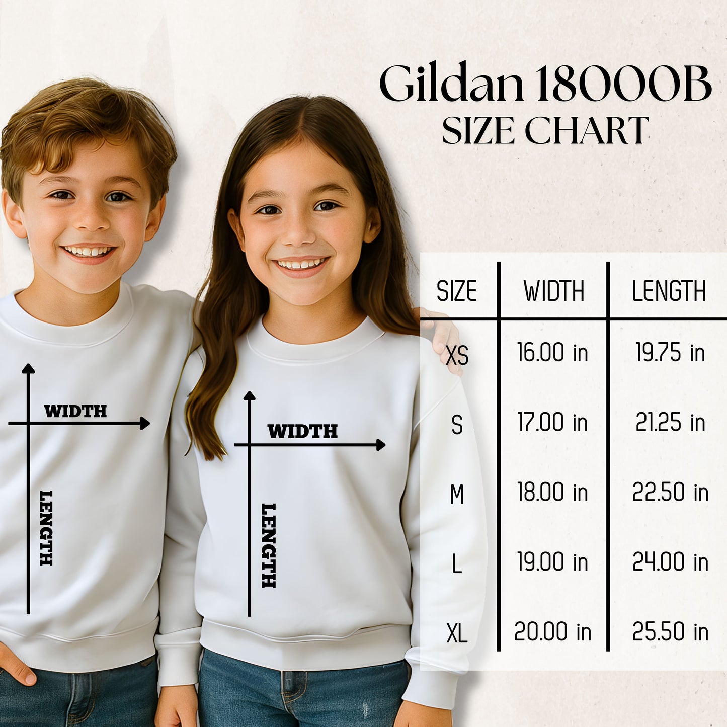 Two children wearing white sweatshirts with a Gildan size chart overlay.