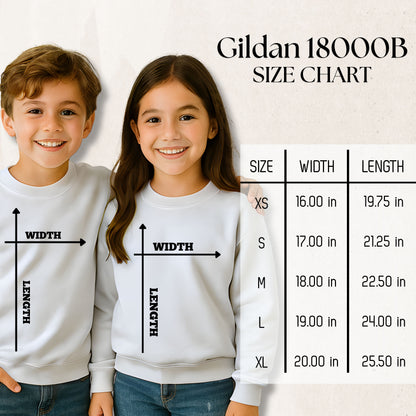 Two children wearing white sweatshirts with a Gildan size chart overlay.