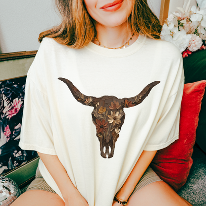 Brushstroke Floral Western Cow Skull Graphic T-Shirt