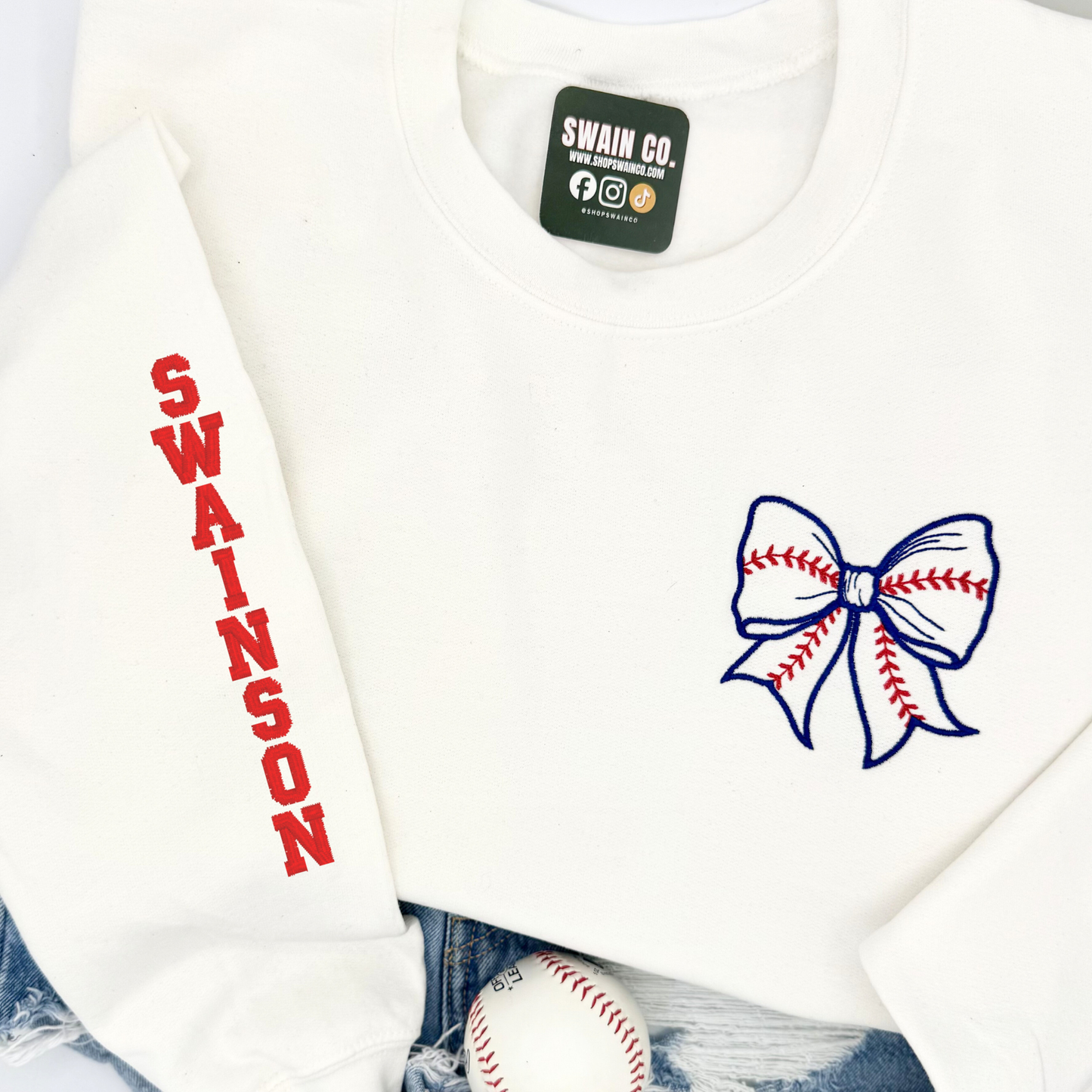 Personalized Baseball Bow Embroidered Crewneck | Custom Team Sweatshirt | Name or Number Sleeve | Baseball Mom Pullover