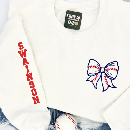 Personalized Baseball Bow Embroidered Crewneck | Custom Team Sweatshirt | Name or Number Sleeve | Baseball Mom Pullover