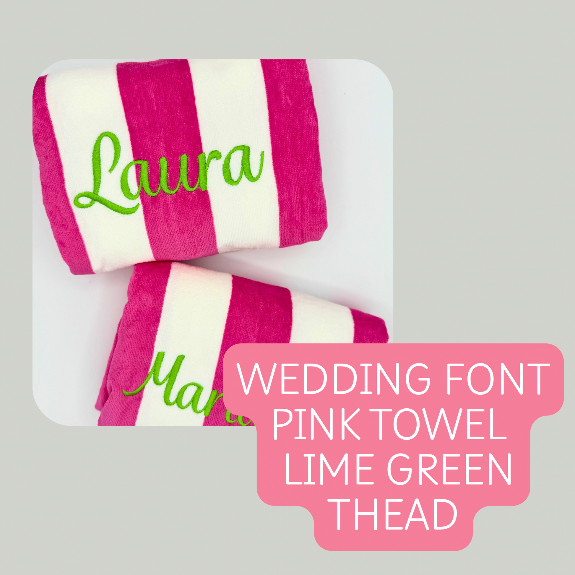 Pink and white striped towel with 'Laura' and 'Man' text on a gray background