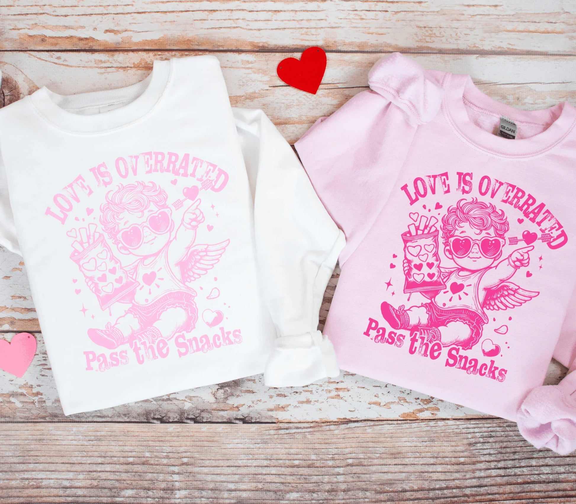 Love is Overrated, Pass the Snacks Valentines Day Crewneck Sweatshirt - Swain Co. Designs & Apparel