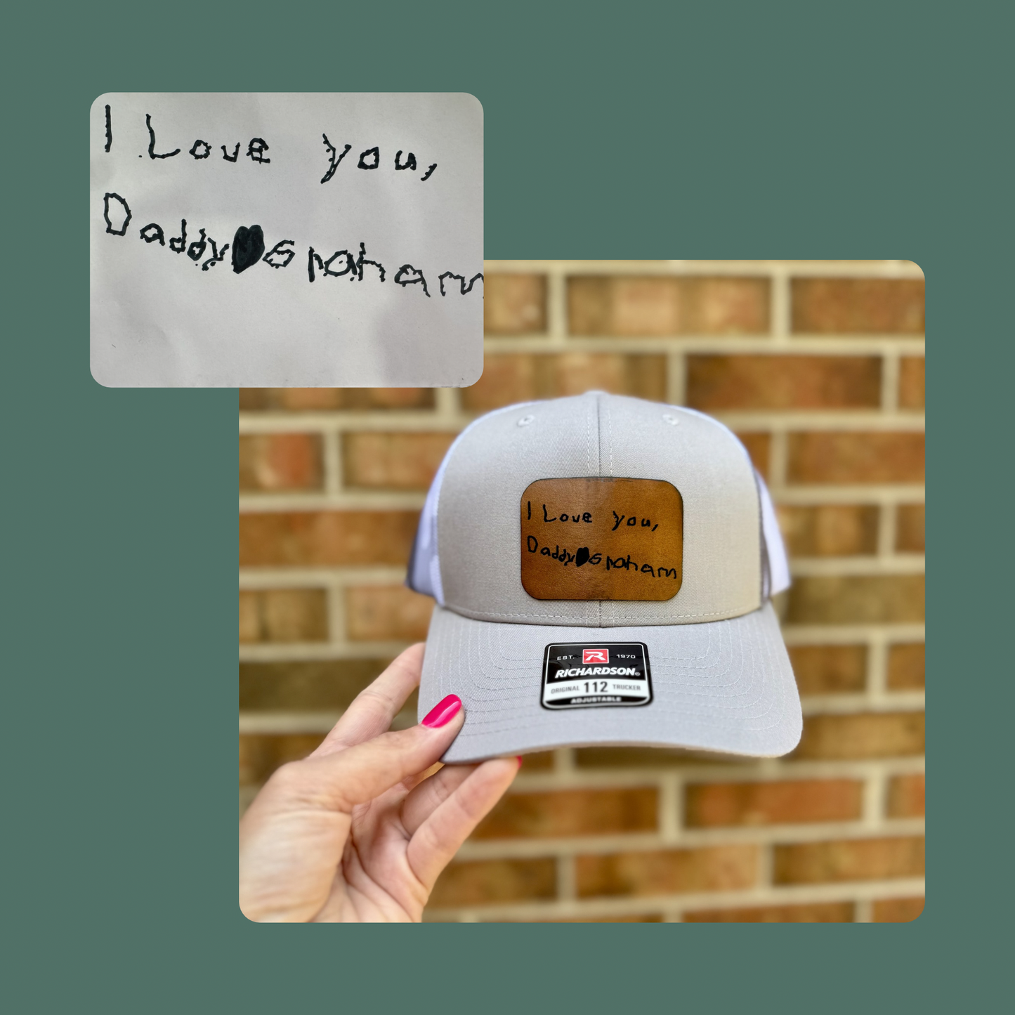 Personalized Child Handwriting Leather Patch Hat – Richardson 112 Trucker Hat – Custom Father’s Day Gift for Dad
