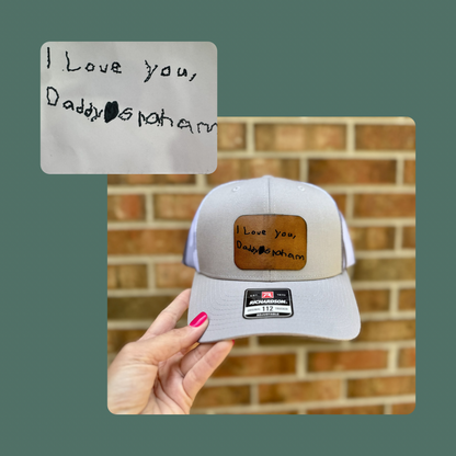 Personalized Child Handwriting Leather Patch Hat – Richardson 112 Trucker Hat – Custom Father’s Day Gift for Dad