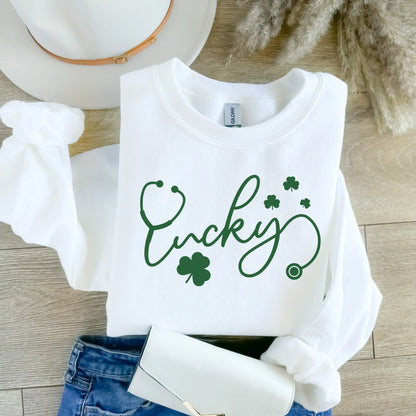 Lucky Stethoscope Nurse Sweatshirt | St. Patrick’s Day Nurse Crewneck | Nurse St Paddy Sweatshirt | RN LPN CNA Gift | Unisex Graphic Sweatshirt