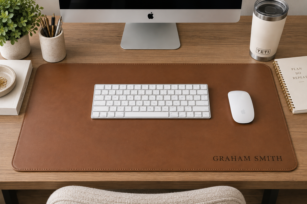 Personalized Laser Engraved Faux Leather Desk Mat | Custom Name Custom Logo Office Desk Pad
