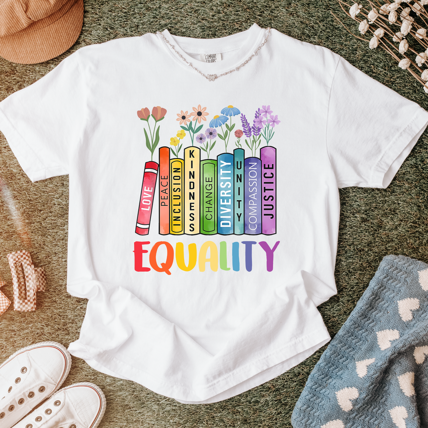 Equality Graphic T-Shirt with Books and Flowers