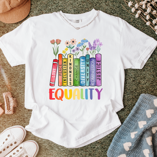 Equality Graphic T-Shirt with Books and Flowers