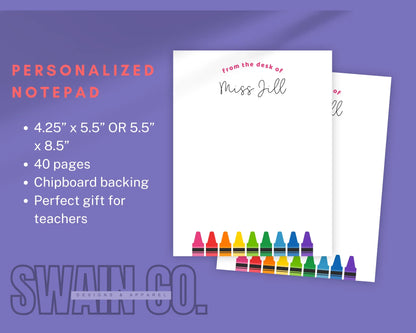Personalized Teacher Notepad | Custom "From the Desk of" Notepad | Teacher Gift | Classroom Stationery | End of Year Gift