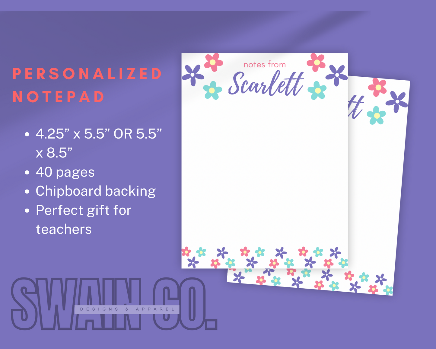 Floral Personalized Notepad | "Notes from [Name]" | Custom Stationery | Teacher Gift | Teen Gift | Boss Gift | Cute Desk Pad