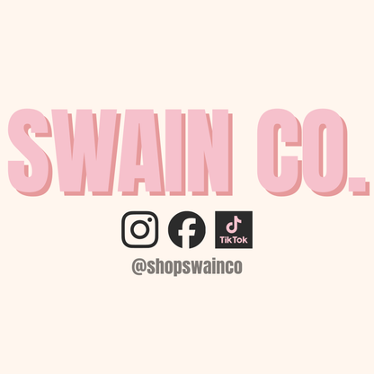 Branding for Swain Co. with social media icons and handle on a white background