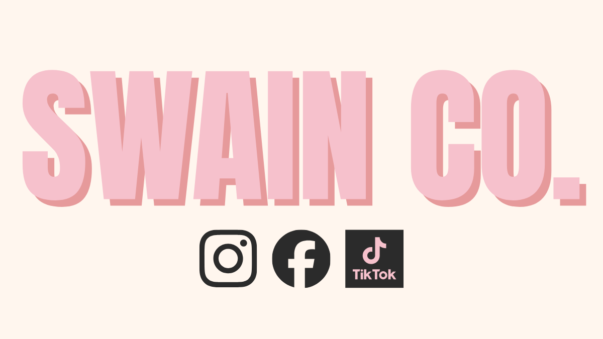 Pink 'SWAIN CO.' logo with social media icons on a white background