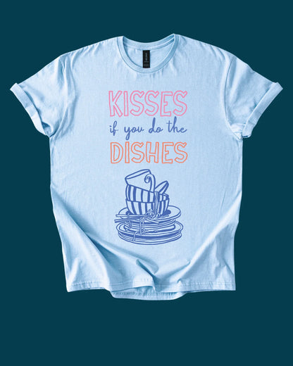 Light blue t-shirt with graphic design and text on a dark blue background