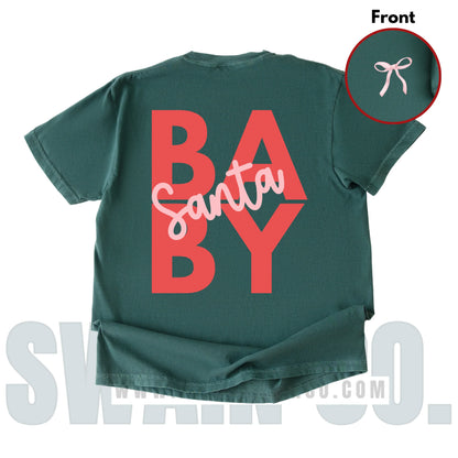 Green t-shirt with 'Baby Santa' text on a white background
