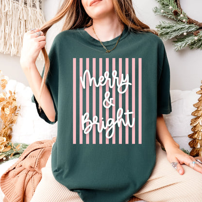 Comfort Colors Merry & Bright Striped T-Shirt | Cute Modern Christmas Tee | Colorful Holiday Graphic Shirt