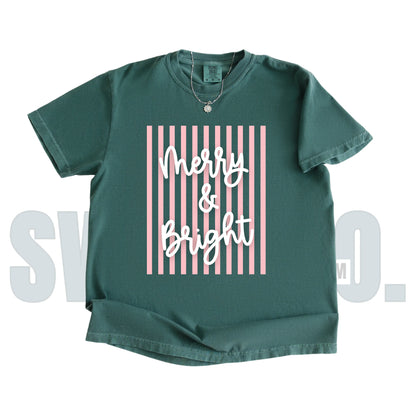 Comfort Colors Merry & Bright Striped T-Shirt | Cute Modern Christmas Tee | Colorful Holiday Graphic Shirt