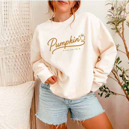 Embroidered Pumpkin Fall Girl Era Crewneck Sweatshirt | Cute Autumn Sweatshirt | Fall Embroidered Crewneck | Cozy Pumpkin Season Pullover | Women's Fall Sweatshirt