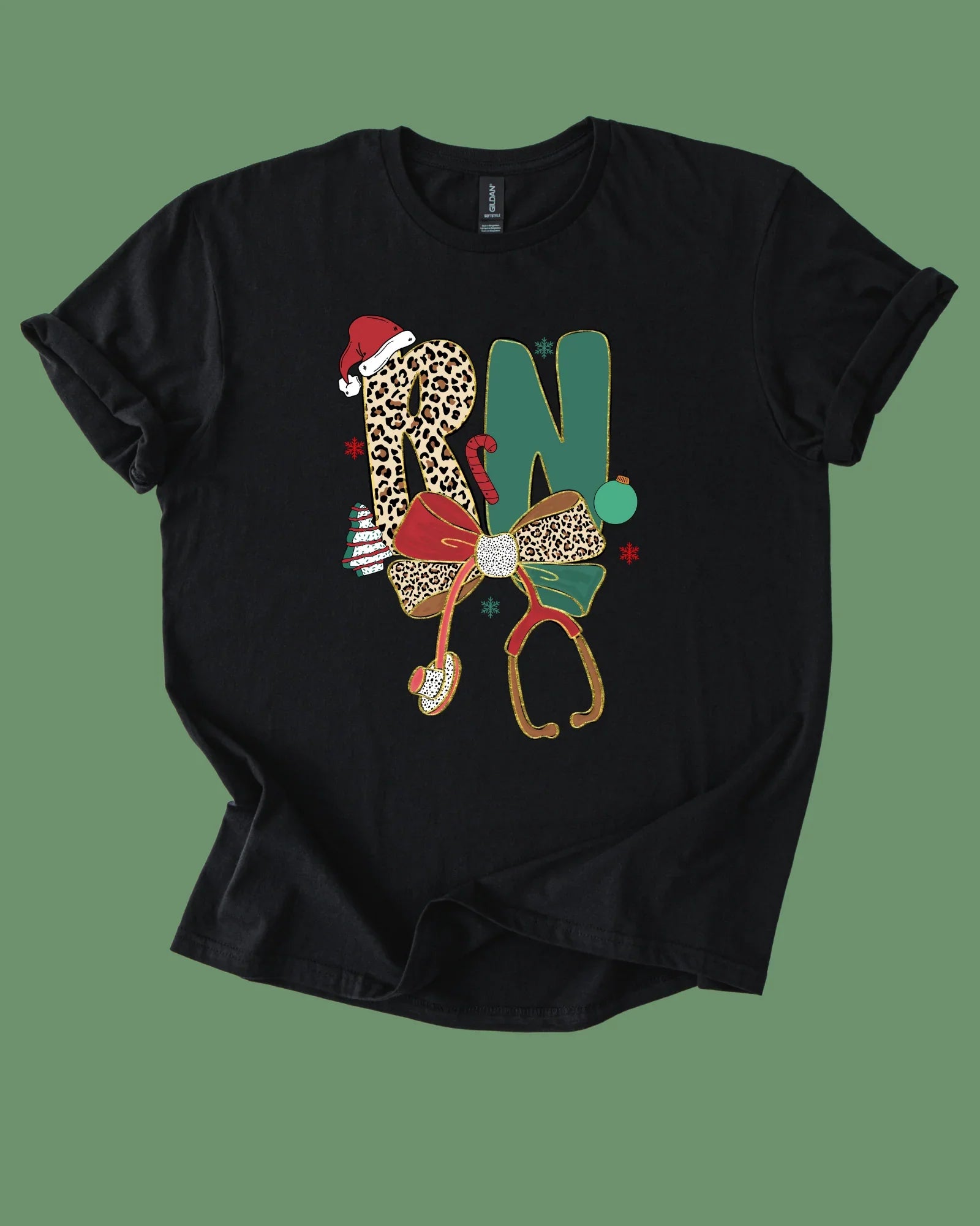 Black t-shirt with Christmas-themed design featuring a leopard print pattern and text on a transparent background