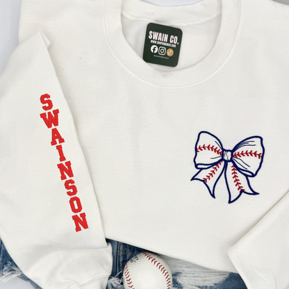 Personalized Baseball Bow Embroidered Crewneck | Custom Team Sweatshirt | Name or Number Sleeve | Baseball Mom Pullover