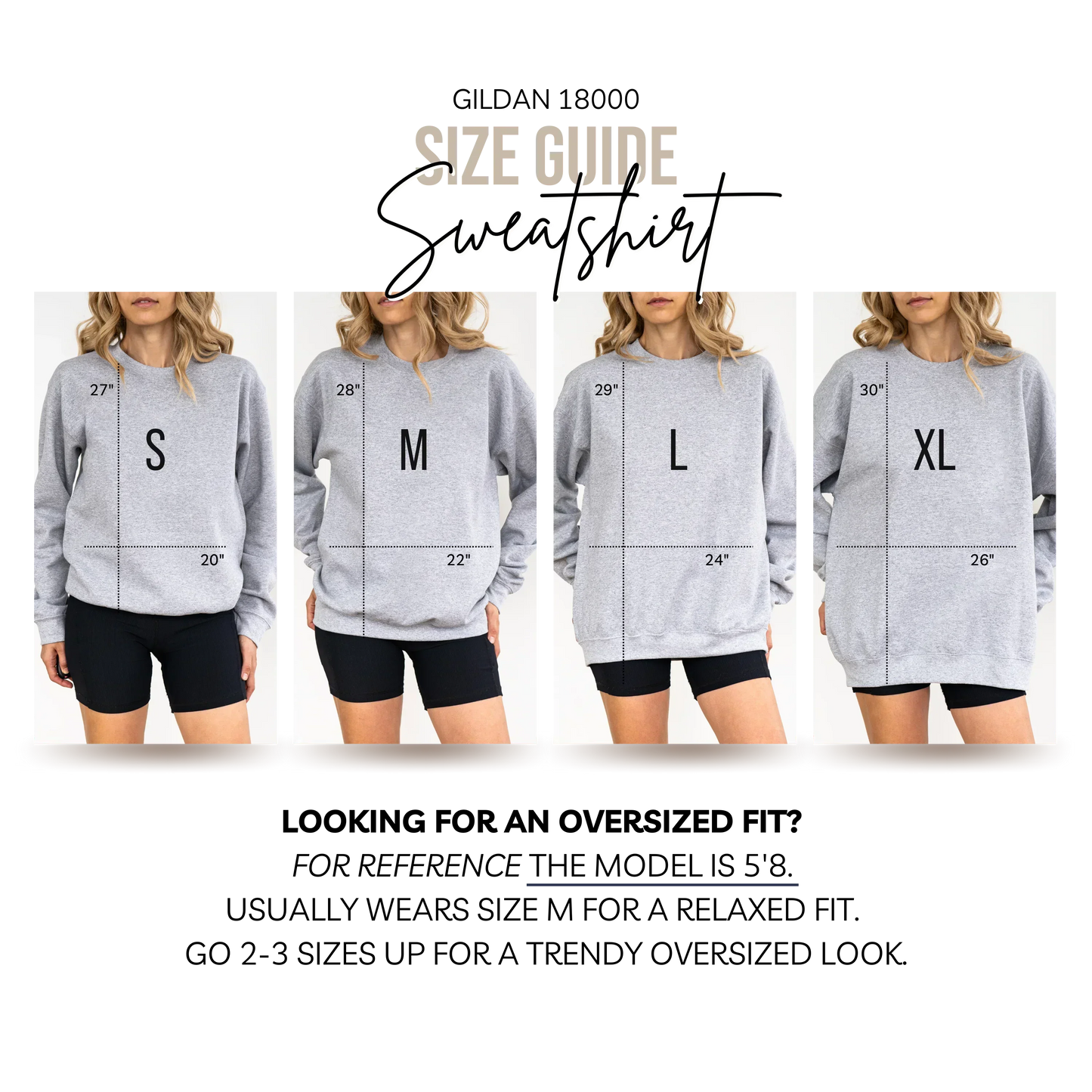 Size guide for gray sweatshirts with measurements and model wearing the sweatshirts.
