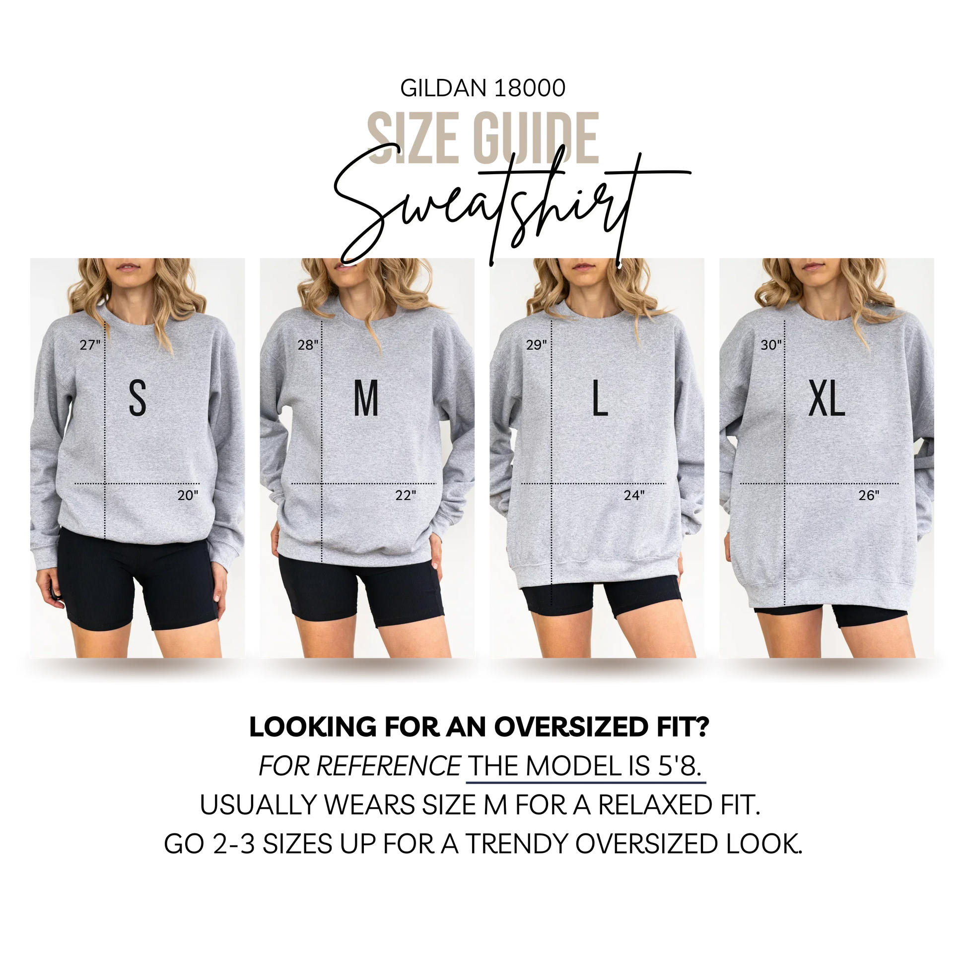 Size guide for gray sweatshirts with measurements and model wearing the sweatshirts.