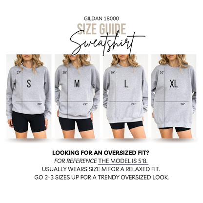 Size guide for gray sweatshirts with measurements and model wearing the sweatshirts.