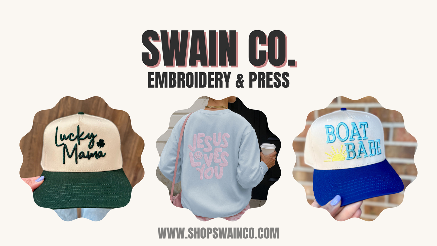 Promotional image of Swain Co. embroidery and press products with text and website URL.