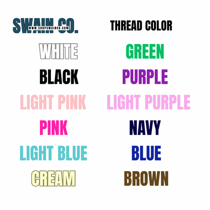 Color swatch chart for thread color options with Swain Co. branding.