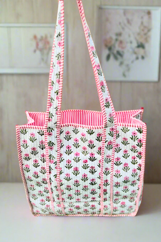 Sutton Pink & White Floral Quilted Tote Bag | Optional Personalization